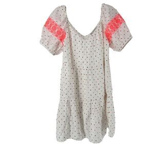 LOFT Puff Sleeve Dot Embroidered Tiered Swing Dress Size XS White Pink Boho Prep